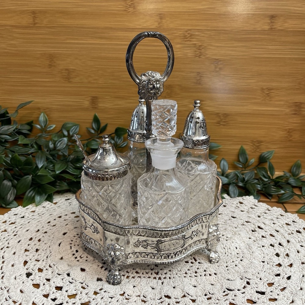 Vintage Silver Plated Cruet Set 4 Bottle Japan Lion Claw Feet Condiment Castor